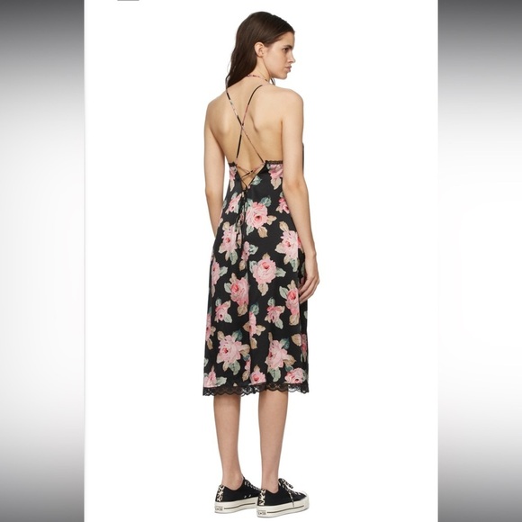 R13 Lace Slip Dress Silk Size Medium Black With Pink Floral Pattern Mid Length - Picture 2 of 11